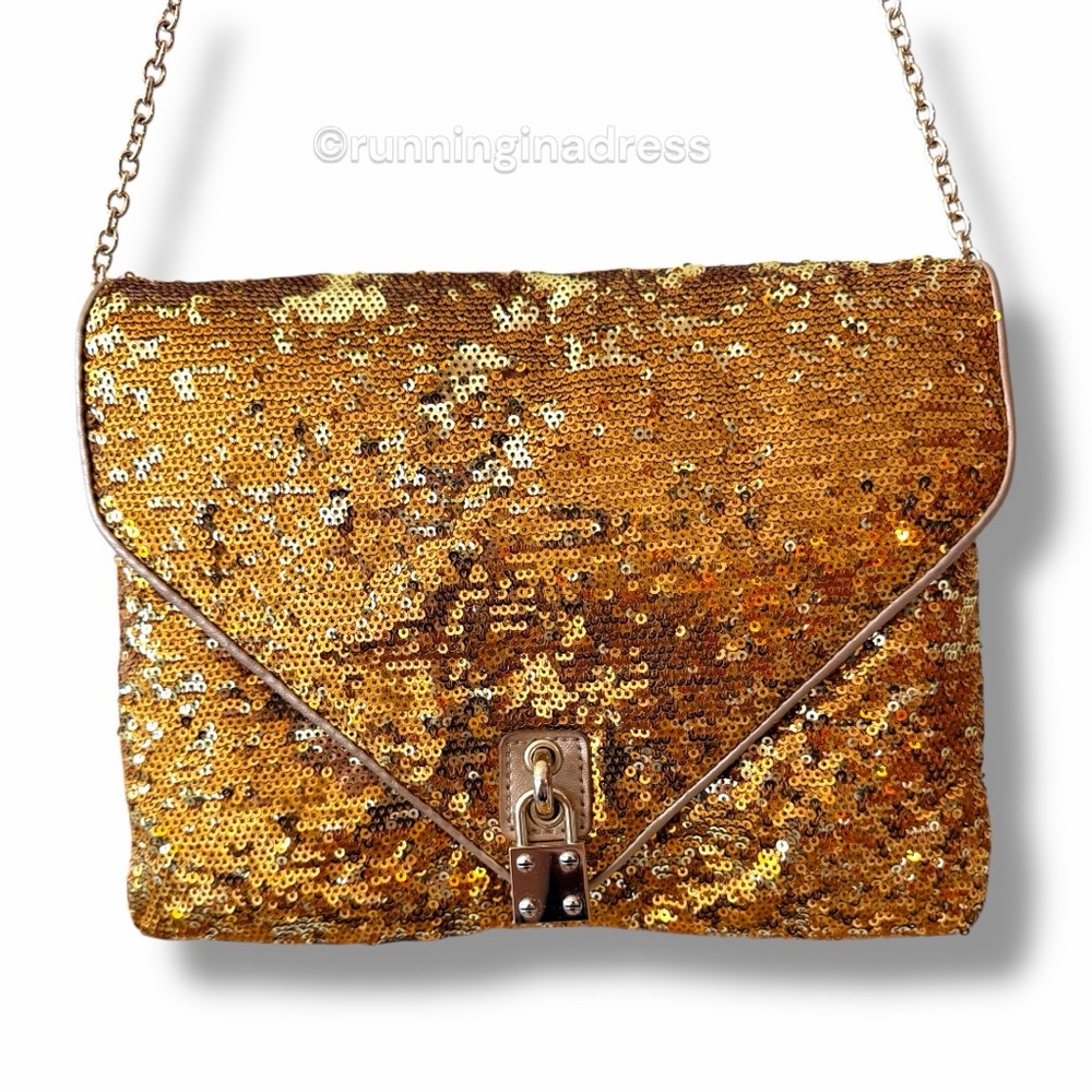Alexis Hudson Ciara Gold Sequin Envelope Clutch Evening Handbag Crossbody - Picture 10 of 13